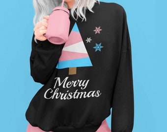 Transgender Christmas Jumper, Trans Pride Christmas Sweater, Trans Flag Merry Christmas Xmas Jumper, Transgender Pride Christmas Sweatshirt