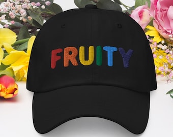 Fruity Embroidered Hat, Gay Pride Hat, funny Gay Hat, Gay Baseball Cap, Queer Pride Merch, LGBT Hat, Rainbow Pride Accessories, Gay Gifts