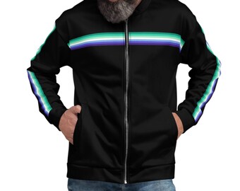 May include: A black bomber jacket with a colorful stripe across the chest and matching stripes on the sleeves. The stripe is made up of green, blue, and purple colors.