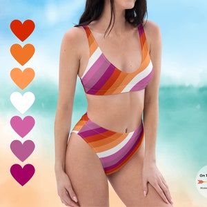 Lesbian Bikini Set, padded Bikini Top & high waisted Bikini Bottoms, Lesbian Sunset Flag two pieces Swimsuit, Lesbian Pride Flag Beachwear