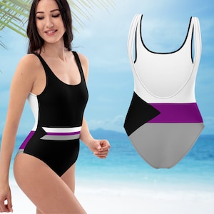 Black Demisexual Flag Stripe one piece Swimsuit, Demi Pride Flag Bathing Suit, Demisexual Pride Swimming Costume, LGBTQIA+ Swimwear Bodysuit