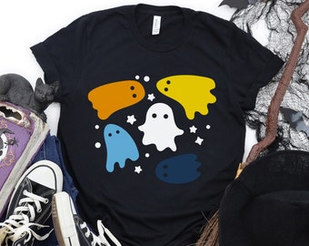 Subtle Aroace Ghost Shirt, Aro Ace Halloween Shirt, Aroace Sunset Flag Colors, discreet Aroace Flag Shirt, spooky LGBTQIA Aesthetic Clothing
