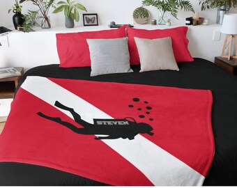 Diver Down Flag Personalized Blanket, Throw Blanket for Scuba Diver, Scuba Diving Name Blanket, Deep Sea Diver Home Decor, Diving Gift Idea