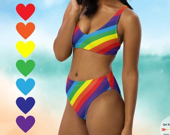 Rainbow Bikini Set, padded Bikini Top & high waisted Bikini Bottoms, Rainbow Flag two pieces Swimsuit, LGBT Pride Flag Beachwear Swim Suit