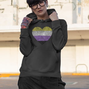 Non Binary Pride Hoodie, Nonbinary Flag Heart Sweatshirt, Nonbinary Hoodie, Enby Sweater, Non Binary Clothing, LGBTQIA Genderqueer Clothes