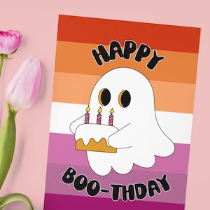 Carte d'anniversaire lesbien Happy Boo-thday, gâteau fantôme drapeau de la fierté lesbienne, carte de joyeux anniversaire lesbienne, carte d'anniversaire gay avec enveloppe, LGBTQ+