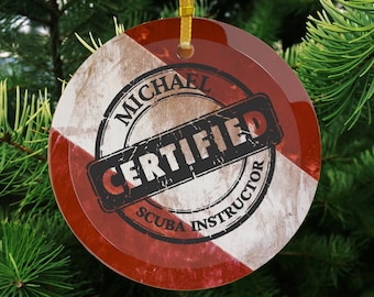 Adorno de cristal personalizado para instructor de buceo certificado con nombre, regalo de buceo, adorno navideño para buceadores, regalo de Navidad para buceadores de aguas profundas