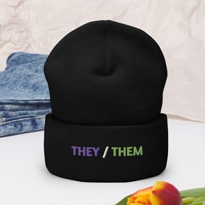 They/Them Pronouns Genderqueer Cuffed Beanie, embroidered They Them Pronoun Genderqueer Beanie Hat, Genderqueer Pride Flag Winter Hat