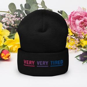 Very Very Tired Bisexual Cuffed Beanie, funny Bi Beanie, Bisexual Pride Beanie, embroidered Bisexual Hat, subtle Bisexual Flag Accessories