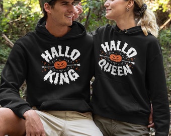Matching Halloween Couple Hoodies, Halloqueen, Halloking, creepy Pumpkin Hoodies for couples, his and hers Halloween Sweaters, Couple Outfit