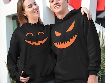 Matching Halloween Hoodies, Halloween Couple Jack O Lantern Pumpkin Hoodie, his and hers Halloween Jumper, Pumpkin Face Halloween Sweater