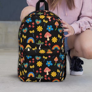 Sac à dos champignon coloré, cadeau cool pour la rentrée des classes, cartable d'inspiration rétro des années 70 pour enfants, adolescents, étudiants, adultes, joli sac à dos arc-en-ciel