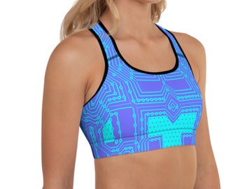 Circuit Board Sports Bra, Cyber Goth Training Bra, Futuristic Bra Top, Robotic Cosplay Top, Cyberpunk Racerback Top Women, Sci Fi Yoga Bra,