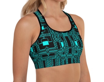 Circuit Board Sports Bra, Cyber Goth Training Bra, Futuristic Bra Top, Robotic Cosplay Top, Cyberpunk Racerback Top Women, Sci Fi Yoga Bra,
