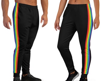 Striped Rainbow Pride Joggers Men & Women, Rainbow Stripes Black Sweatpants, Gay Pride Pants, Queer Pride Jogging Bottoms, LGBT Clothing