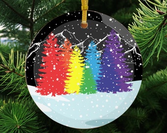 LGBT Glass Ornament, Gay Christmas Ornament, Gay Pride Winter Forest Landscape Holiday Ornaments, LGBT Flag Colors, Xmas Tree Decorations