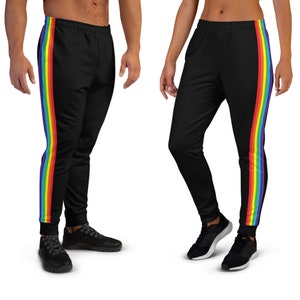 May include: Black sweatpants with a rainbow stripe down the side.
