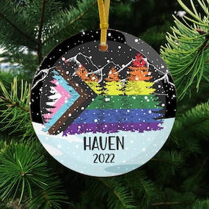 Personalized Progress Pride Flag Glass Ornament, LGBTQIA Christmas Ornament, Progress Pride Christmas Tree Ornaments, LGBTQ Holiday Decor
