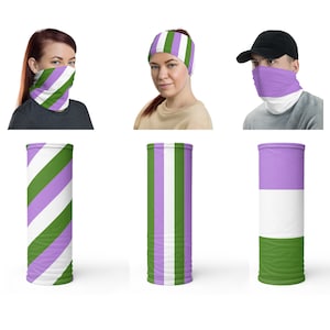 May include: Three different styles of face coverings featuring a green, white, and purple striped pattern. The face coverings are shown on models and as flat lay images.