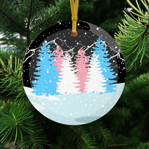 Transgender Glass Ornament, Transgender Pride Christmas Ornament, Trans Pride Winter Forest Landscape Holiday Ornaments, Trans Flag Colors