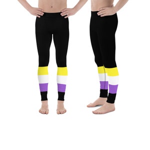 May include: Black leggings with yellow, white, and purple stripes on the lower legs.