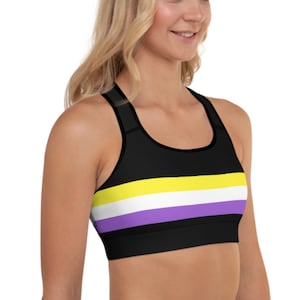 May include: A black sports bra with a yellow, white, and purple stripe pattern. The bra has a racerback style and is made of a stretchy, breathable fabric.