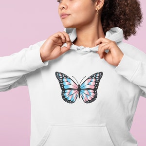 Trans Pride Flag Butterfly Hoodie, Transgender Pride Butterfly Sweatshirt, Monarch Butterfly Sweater, blue pink white Aesthetic Clothing,