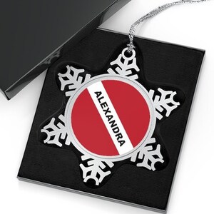 Personalized Ornament, Pewter Diver Down Flag Snowflake Ornament, Scuba Diving Ornament, Deep Sea Diver Christmas Ornament, Scuba Diver Gift