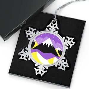 Subtle Nonbinary Ornament, Nonbinary Pride Mountains Pewter Snowflake Ornament, Non Binary Christmas Ornaments, Aesthetic Enby Holiday Decor
