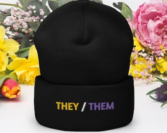 They/Them Pronouns Nonbinary Cuffed Beanie, embroidered They Them Pronoun Nonbinary Beanie Hat, Non Binary Flag Winter Hat, NB Pride Beanie