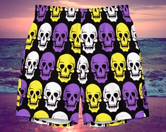2xs - 6xl Nonbinary Flag Skulls Swim Trunks, gothic Nonbinary Shorts, funny Non Binary Pride Swim Shorts, LGBTQIA Enby Pride Beachwear