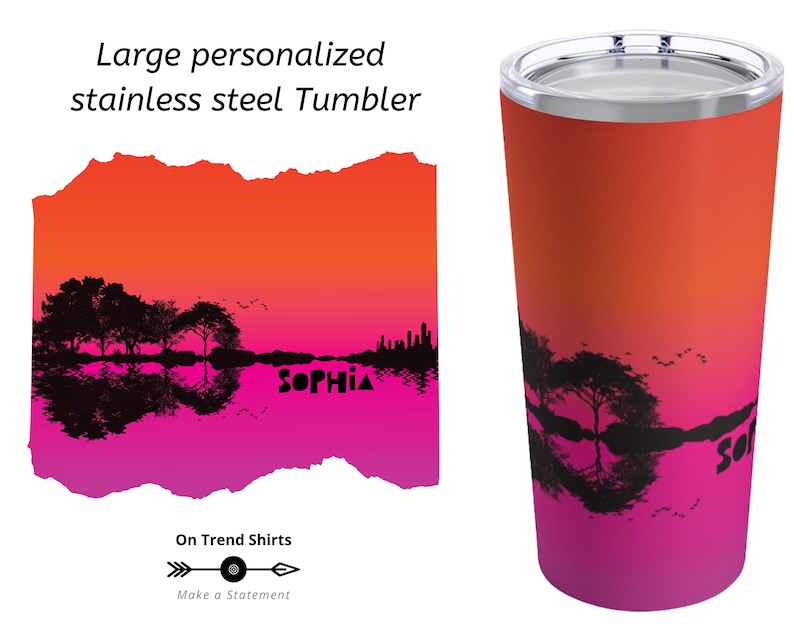 pink orange Sunset Cityscape Guitarist Travel Mug with Lid 20oz Personalized Tumbler Guitar Landscape insulated stainless steel Tumbler