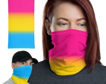 May include: A pink, yellow, and blue gradient face mask. The mask is made of a soft, breathable fabric and is designed to be comfortable to wear. It is perfect for protecting yourself from the elements or for adding a pop of color to your outfit.