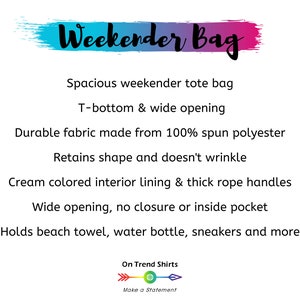 May include: Weekender Bag. Spacious tote bag with a T-bottom and wide opening. Made from 100% spun polyester, it retains its shape and doesn't wrinkle. Features cream colored interior lining and thick rope handles. Holds beach towels, water bottles, sneakers and more.