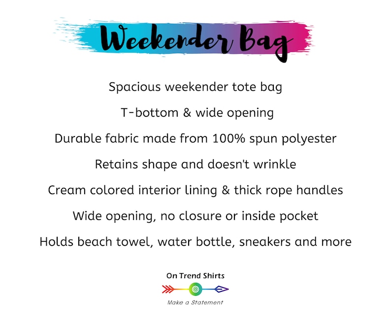 May include: Weekender Bag. Spacious tote bag with a T-bottom and wide opening. Made from 100% spun polyester, it retains its shape and doesn't wrinkle. Features cream colored interior lining and thick rope handles. Holds beach towels, water bottles, sneakers and more.
