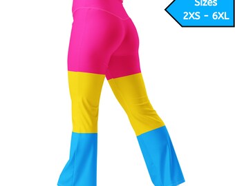 Pansexuelle ausgestellte Leggings, Pansexual Pride Flag Flare Leggings, Pan Pride Festival Kleidung, Pansexual Flag Pride Parade März Outfit-Idee