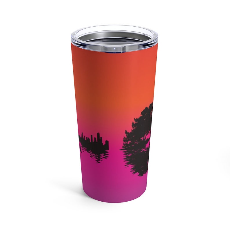 pink orange Sunset Cityscape Guitarist Travel Mug with Lid 20oz Personalized Tumbler Guitar Landscape insulated stainless steel Tumbler