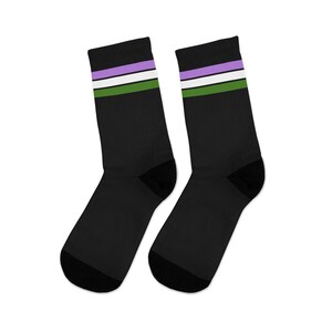May include: A pair of black socks with a genderqueer pride flag design. The socks feature a black base with a purple, white, and green striped pattern near the top. The toes and heels are black.