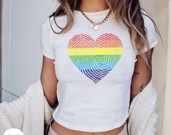 Rainbow Heart Shirt, Pride Baby Tee, Gay Pride Shirt, LGBT Pride T Shirt, Festival Top, Rainbow Clothes, Queer Pride Shirt, LGBT Flag Colors