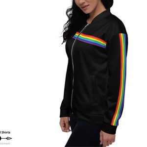 Rainbow Flag Jacket, trendy retro style black Rainbow Stripe Jacket, lightweight zip up Bomber Jacket, LGBT Pride Jacket, Gay Pride Merch