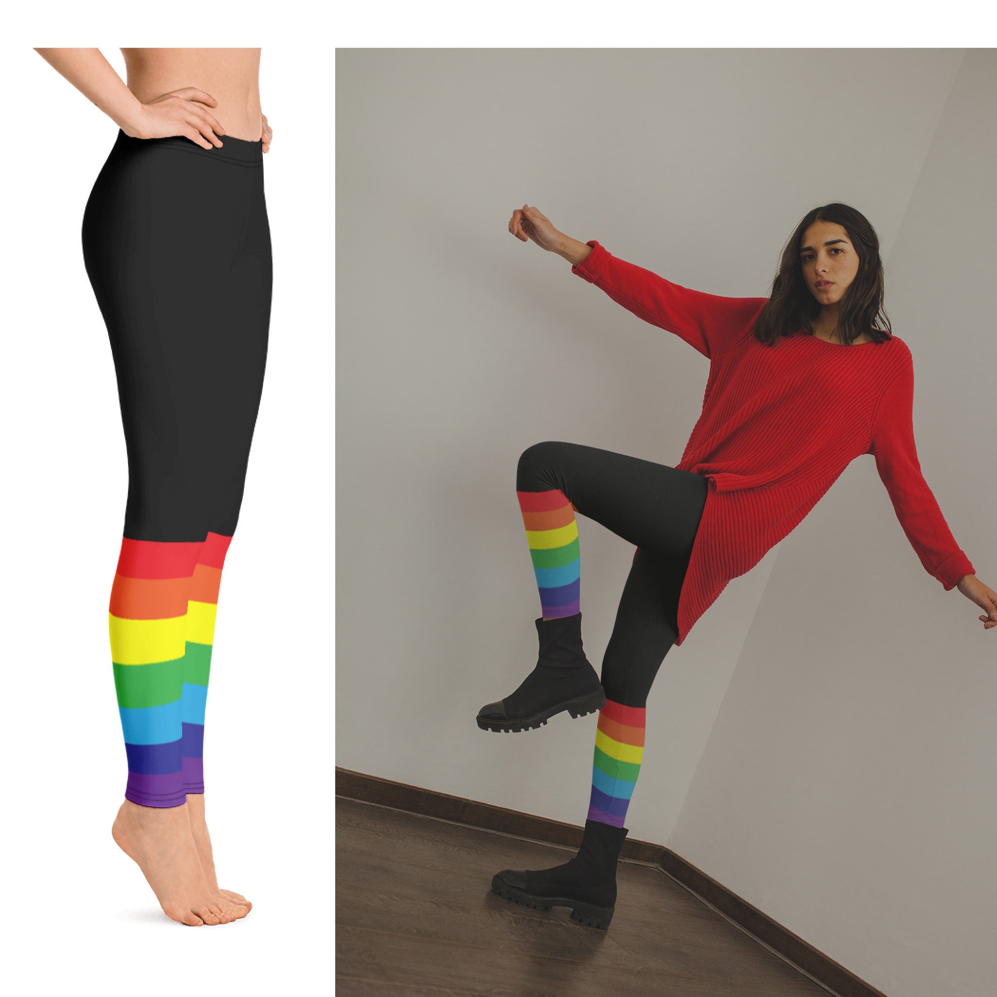 Rainbow Leggings, Black Lower Leg Rainbow Flag, Pride Leggings, Rainbow  Stripe, LGBT Leggings, Rainbow Tights, Festival Leggings, 