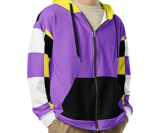 Nonbinary Checkered Color Block Full Zip Up Hoodie, trendy Non Binary Flag Aesthetic Clothing, subtle gender affirming Enby Pride Clothes