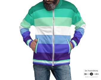 May include: A blue, green, and white striped bomber jacket with a zipper closure. The jacket has a horizontal stripe pattern.
