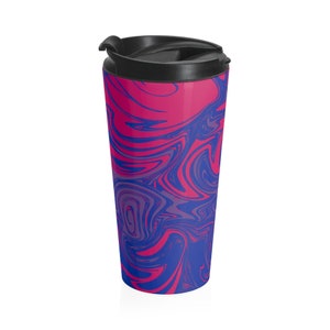 May include: A stainless steel travel mug with a black lid. The mug has a pink and blue abstract swirl pattern.