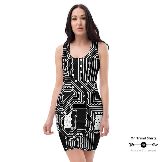 Circuit Board Dress, Cyber Goth, Pencil Dress, Black Gothic Dress, Goth Dress, Goth Clothing, Cyber Punk, Fitted Dress, Futuristic Clothing,