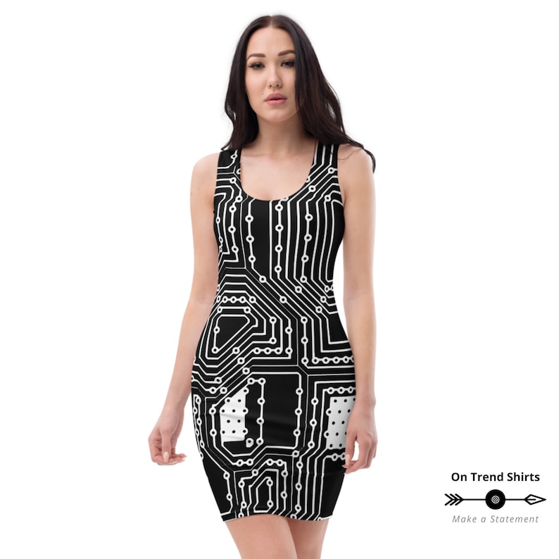 May include: A black and white sleeveless dress with a circuit board pattern. The dress is fitted and has a scoop neck.