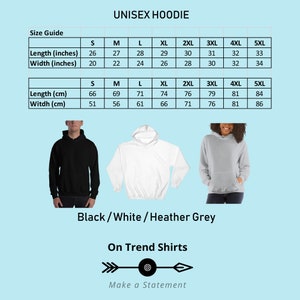 K&ouml;nnte beinhalten: Unisex-Hoodie Gr&ouml;&szlig;entabelle in Zoll und Zentimetern. Die Tabelle zeigt die L&auml;nge und Breite des Hoodies in verschiedenen Gr&ouml;&szlig;en von S bis 5XL. Der Hoodie ist in Schwarz, Wei&szlig; und Grau meliert erh&auml;ltlich.