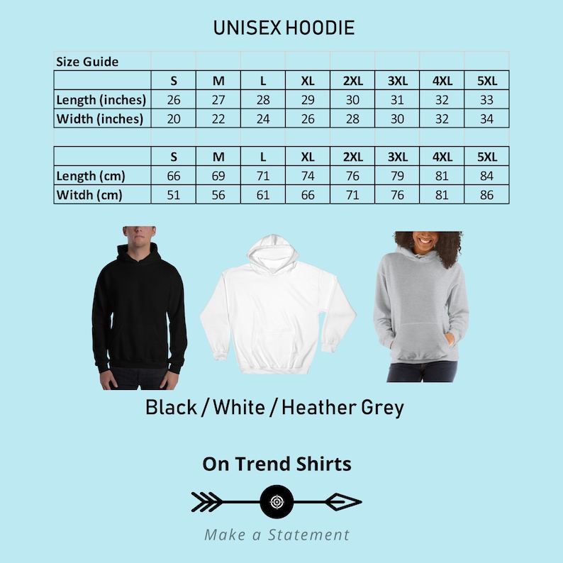 K&ouml;nnte beinhalten: Unisex-Hoodie Gr&ouml;&szlig;entabelle in Zoll und Zentimetern. Die Tabelle zeigt die L&auml;nge und Breite des Hoodies in verschiedenen Gr&ouml;&szlig;en von S bis 5XL. Der Hoodie ist in Schwarz, Wei&szlig; und Grau meliert erh&auml;ltlich.