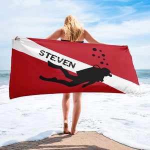 Personalized Diver Down Flag Towel with Name, Scuba Diving Towel, Scuba Diver Gift, Scuba Diving Gift for Deep Sea Diver, Dive Beach Towel