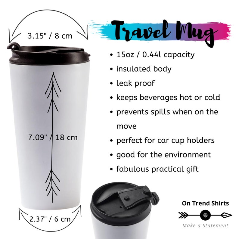 May include: White travel mug with a black lid and a black and white arrow design. The mug is 7.09 inches tall and has a 15 ounce capacity.